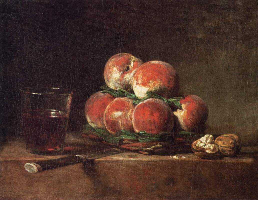 Basket of Peaches, with Walnuts, Knife and Glass of Wine (1768) por Chardin